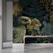 Contemporary library or reading room featuring artistic botanical and portrait mural wallpaper