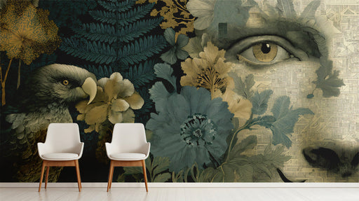 Moody home office with dark wood furniture and surreal nature wallpaper behind a leather desk
