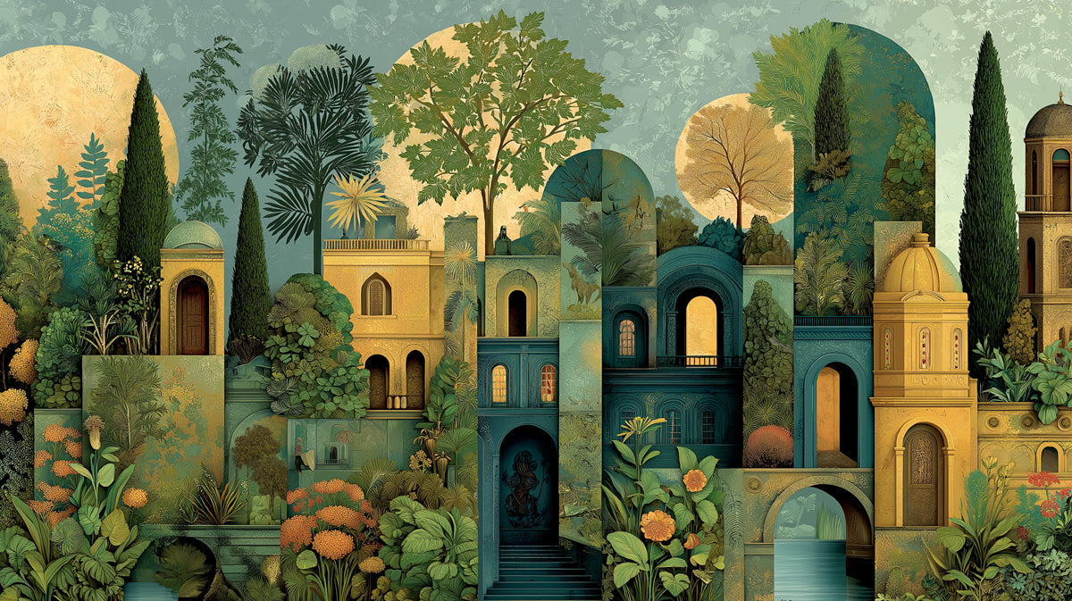 Mediterranean architectural mural with green gardens and ochre buildings