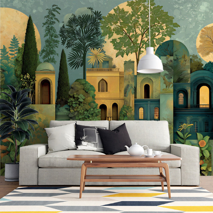 A cozy bedroom corner decorated with a lush Mediterranean garden mural