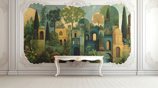 A sophisticated dining room featuring a Mediterranean garden mural backdrop