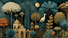A dark, sophisticated mural featuring an white stork, ornate ochre stone buildings, and stylized teal and gold foliage.