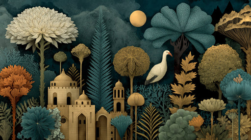 A dark, sophisticated mural featuring an white stork, ornate ochre stone buildings, and stylized teal and gold foliage.