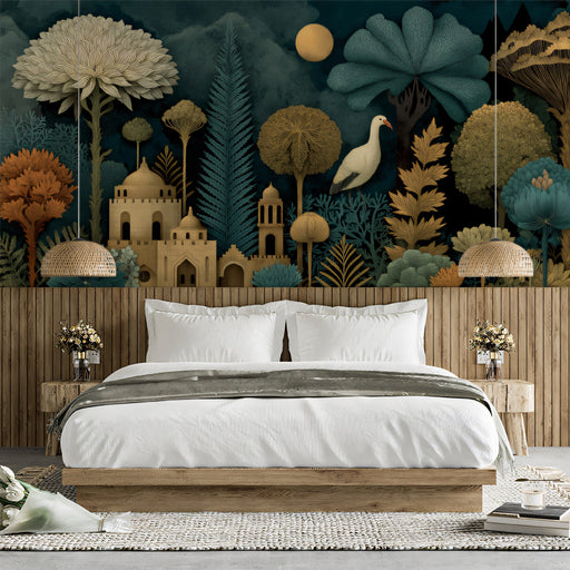 A cozy bedroom wall featuring the nocturnal garden wallpaper behind a minimalist bed frame.