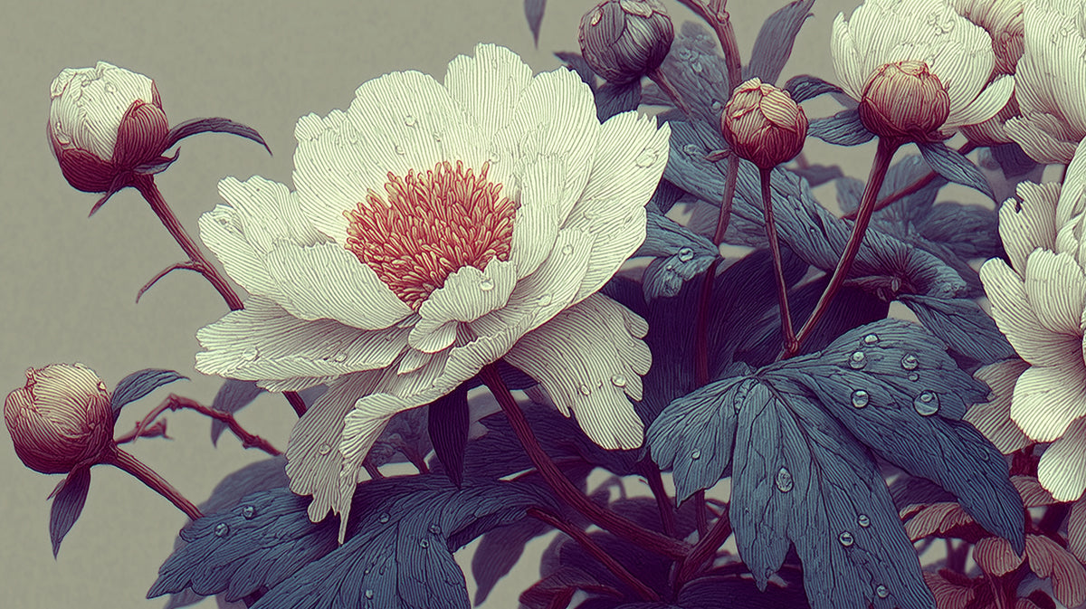 Intricate engraved peony floral wallpaper with slate blue leaves and cream petals.