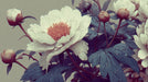 Intricate engraved peony floral wallpaper with slate blue leaves and cream petals.