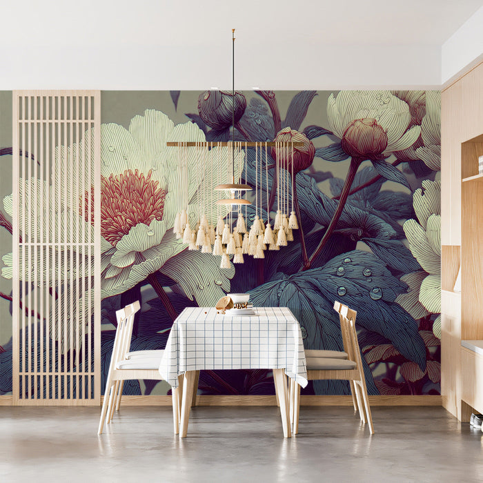 Engraved peony mural pattern applied to a quiet home library or reading room wall.