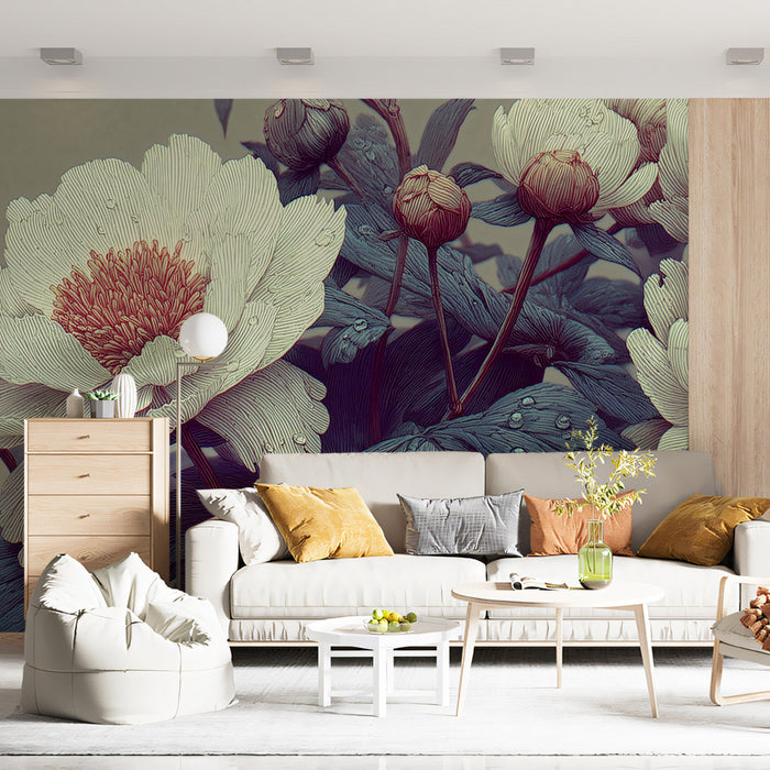 Vintage floral wall mural installed as a sophisticated feature wall in a sunlit bedroom.