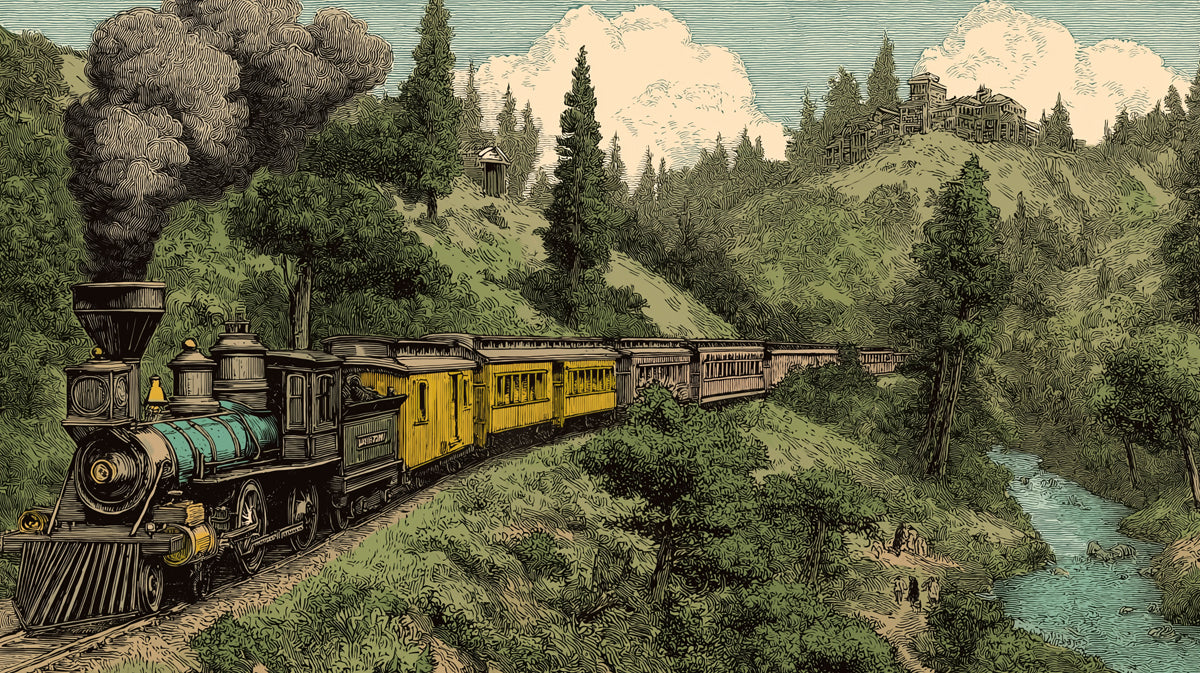 Vintage illustration of a steam train traveling through a pine-covered mountain valley with a river and distant castle.