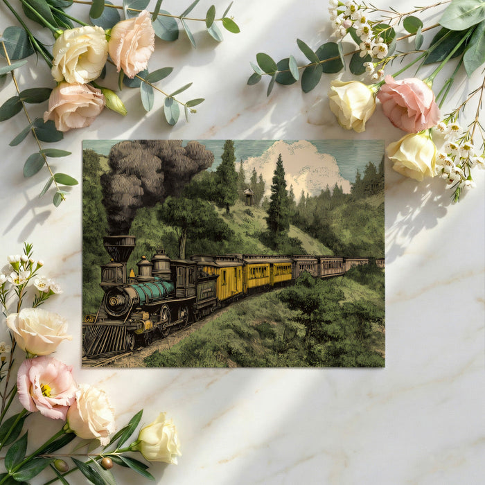 Historical locomotive landscape wallpaper used to decorate a masculine bedroom with leather accents.