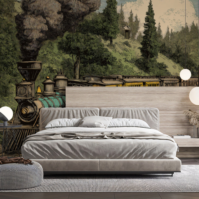 Scenic steam train wall mural featured in a spacious living room with antique decor and warm lighting.