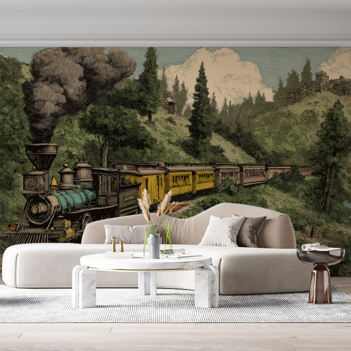 Vintage train mountain mural installed on a feature wall in a cozy home study with a dark wood desk.