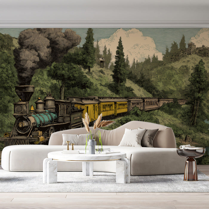 Vintage train mountain mural installed on a feature wall in a cozy home study with a dark wood desk.