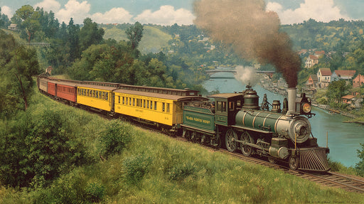 Vintage oil painting style mural of a steam train traveling through a lush green landscape with a river