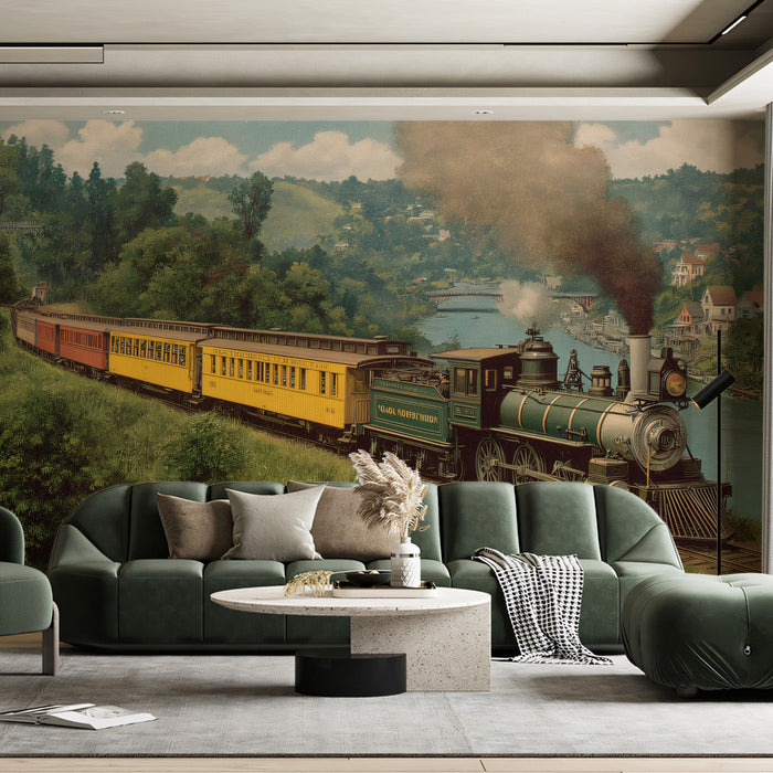 Artistic locomotive mural creating a sense of history in a sophisticated living room