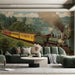 Artistic locomotive mural creating a sense of history in a sophisticated living room