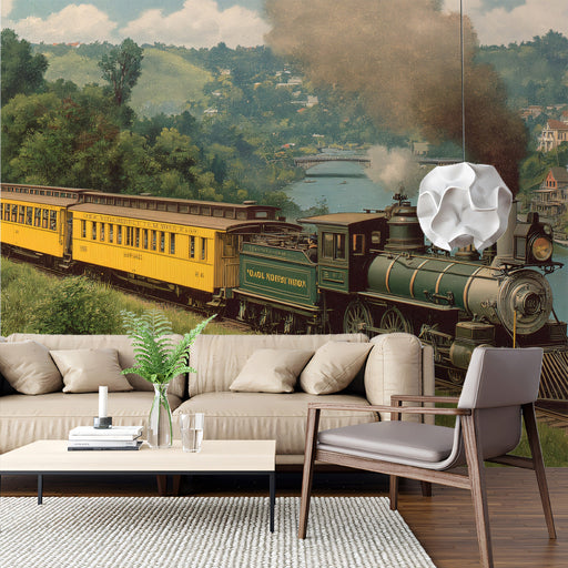 Classic steam train mural installed on a large wall in a cozy library with dark wood bookshelves