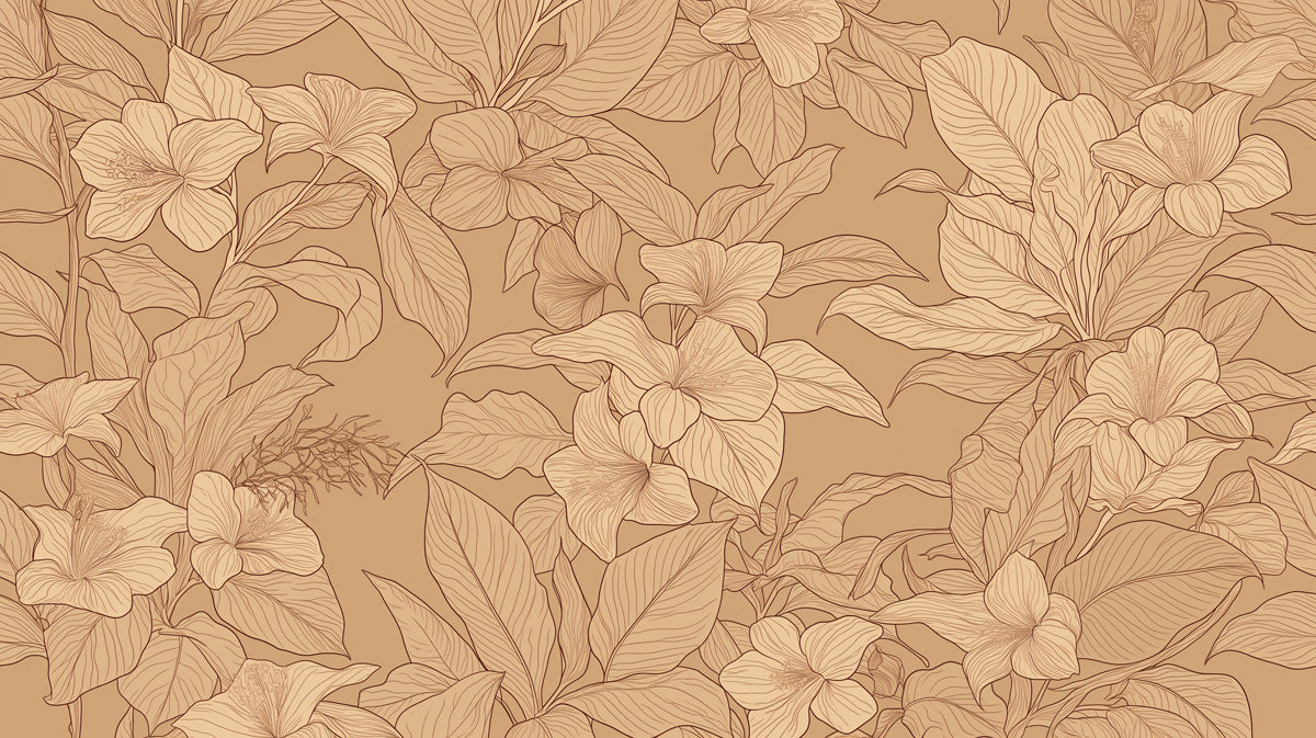 Intricate line art botanical wallpaper pattern in warm ochre and cream