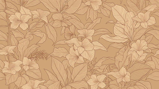 Intricate line art botanical wallpaper pattern in warm ochre and cream