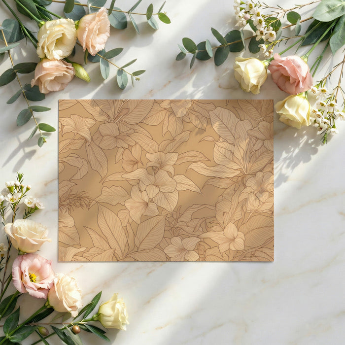 Neutral floral line art mural styled in a cozy home office nook