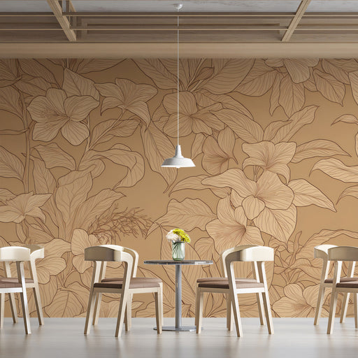 Botanical sketch wallpaper in a minimalist bedroom with natural wood furniture