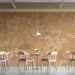 Botanical sketch wallpaper in a minimalist bedroom with natural wood furniture