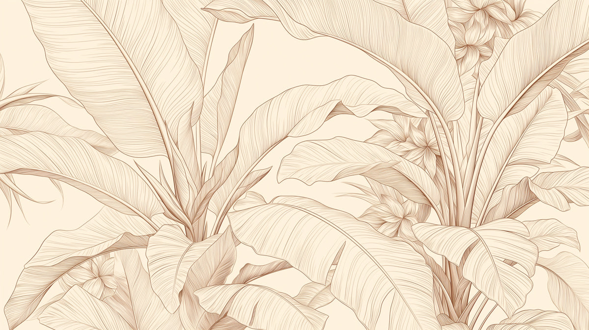 Fine-line botanical sketch of palm leaves in sepia ink on a soft cream background