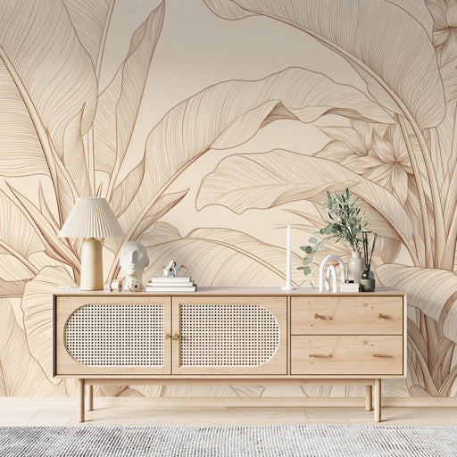 Sun-drenched reading nook with minimal botanical line art wallpaper