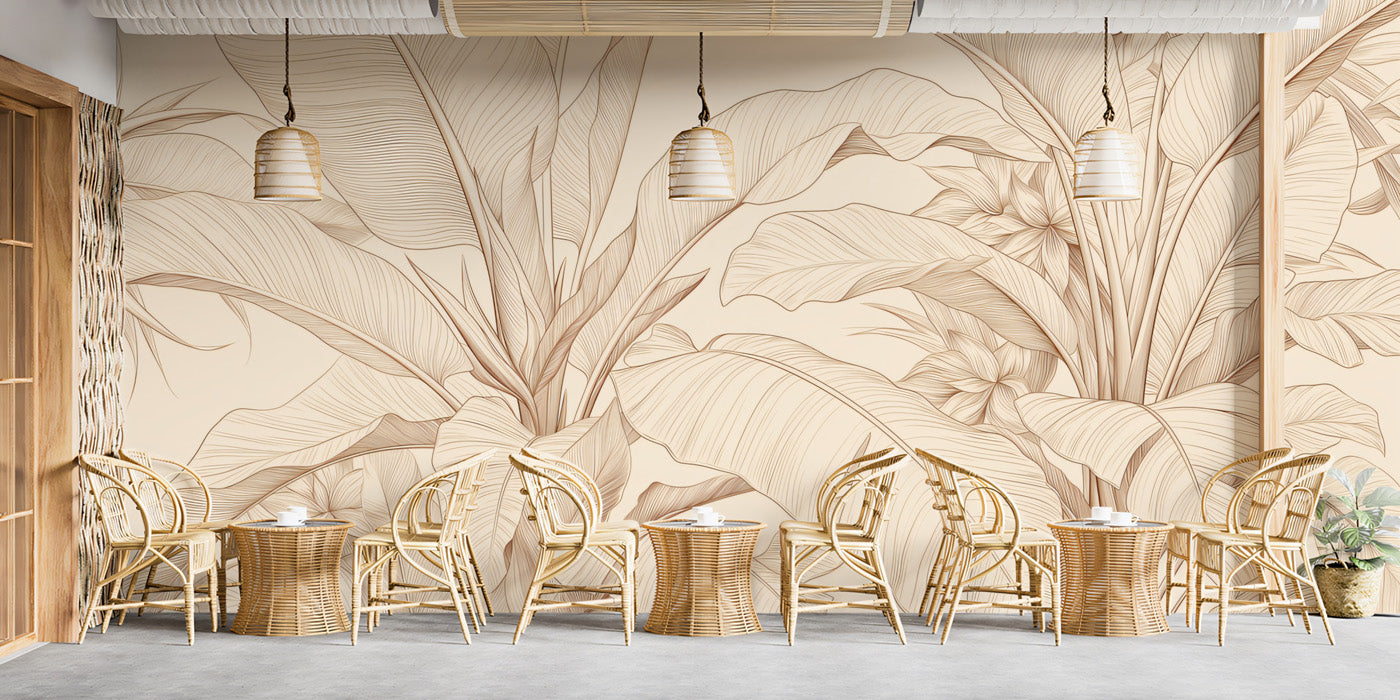 Light-filled bedroom featuring a delicate botanical wallpaper feature wall