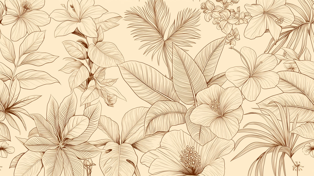 Delicate line art botanical pattern with copper leaves and hibiscus flowers on a cream background