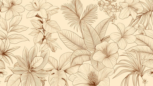 Delicate line art botanical pattern with copper leaves and hibiscus flowers on a cream background