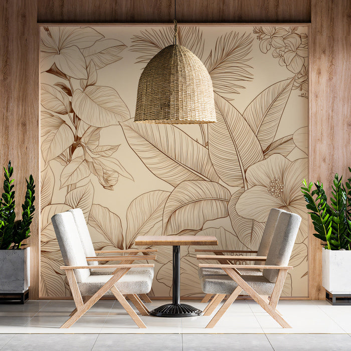 Home office with neutral botanical line art wallpaper for a calm, creative workspace