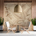 Home office with neutral botanical line art wallpaper for a calm, creative workspace