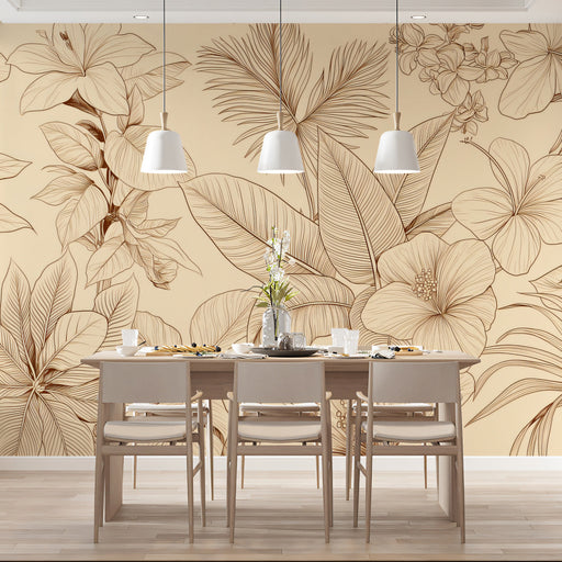Living room wall covered in elegant cream and copper botanical line art wallpaper