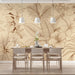 Living room wall covered in elegant cream and copper botanical line art wallpaper
