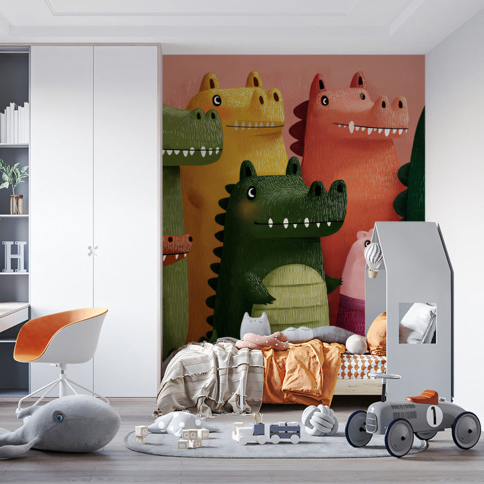 A cozy child’s bedroom with the colorful crocodile mural.