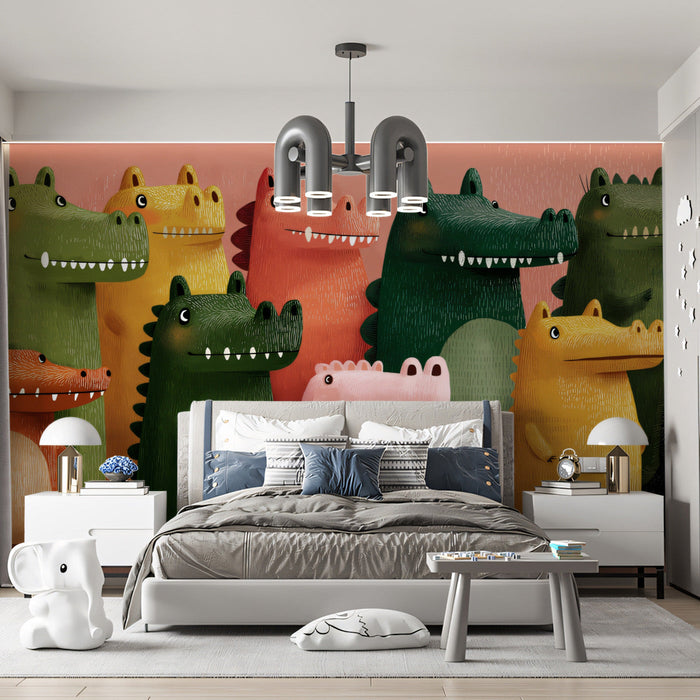 A cheerful nursery with crocodile mural wallpaper and light wooden crib.