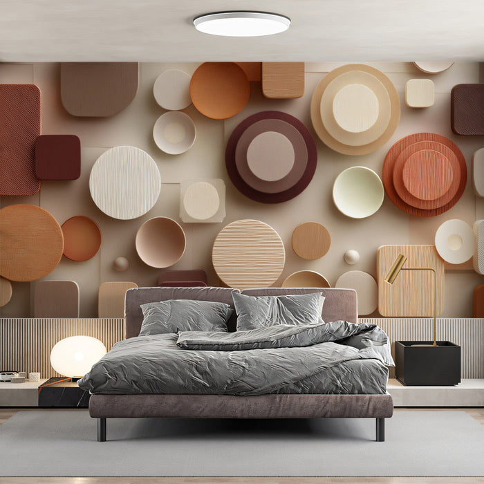A cozy bedroom featuring warm-toned circular and square wallpaper patterns.
