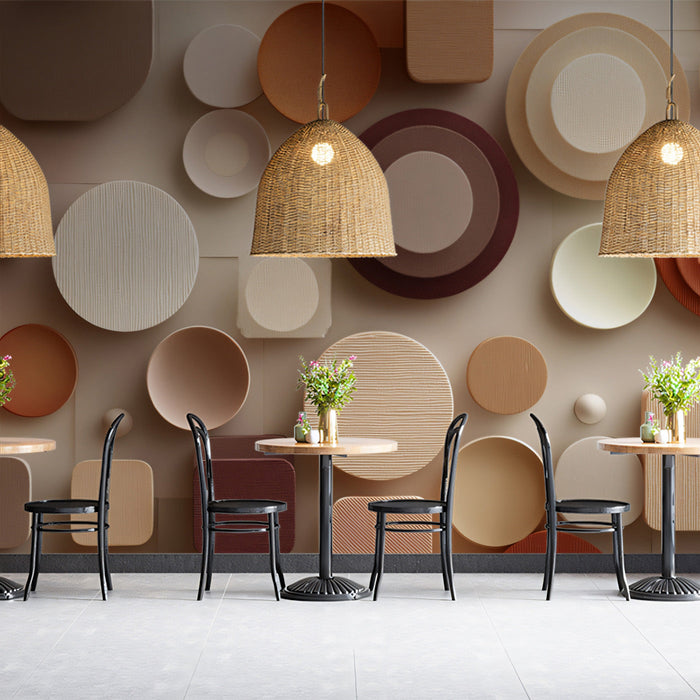 Geometric earth-tone wallpaper installed in a modern living room with neutral furniture.
