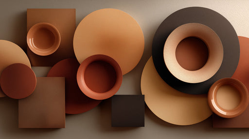 Abstract wallpaper pattern with overlapping circles and squares in terracotta, ochre, and charcoal.