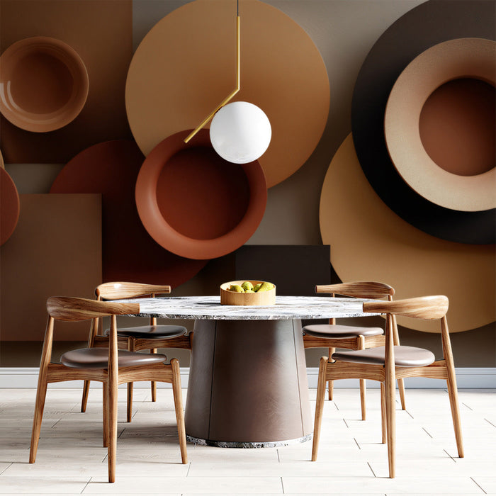 Modern geometric circle design on the wall of a home office with minimalist desk and decor.