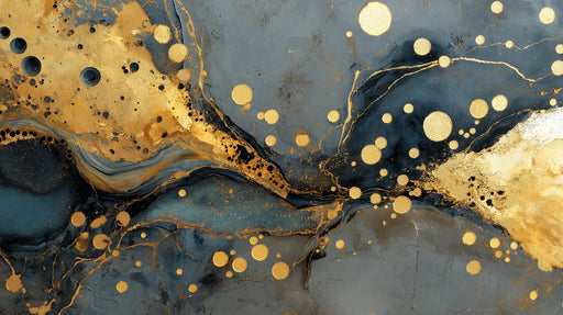 Abstract wallpaper design with swirling slate gray and charcoal marble patterns accented by textured molten gold circles and veins