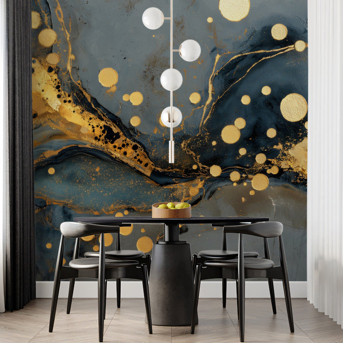 Elegant dining room wall covered in abstract gray and metallic gold marble wallpaper