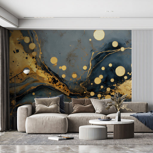 Modern luxury living room with gold and slate marble feature wall behind a velvet sofa
