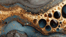 Abstract fluid mural wallpaper featuring swirling slate gray and charcoal liquid with shimmering gold metallic bubbles.