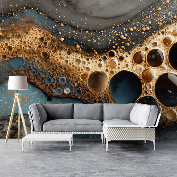 Home office interior with a creative and energizing fluid metallic gold and slate blue wallpaper feature wall.