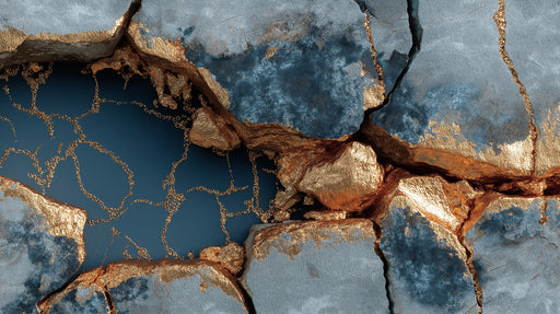 Abstract wallpaper pattern of fractured grey and blue stone with liquid gold veins in Kintsugi style