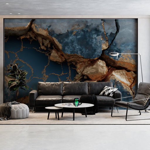 Elegant dining room wall covered in a textured blue and gold stone mural as a focal point