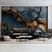 Elegant dining room wall covered in a textured blue and gold stone mural as a focal point