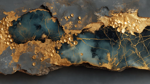Abstract wallpaper pattern featuring textured charcoal gray slate with liquid teal veins and embossed gold leaf clusters